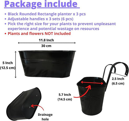 LaLaGreen Rail Planter Outdoor Plants(3 Pack, 11.8 Inch) Black Metal Iron Hanging Flower Pots Deck Railings Fence Buckets Modern Countryside Boho Style Wall Mount Window Box Plant Holder Porch Decor