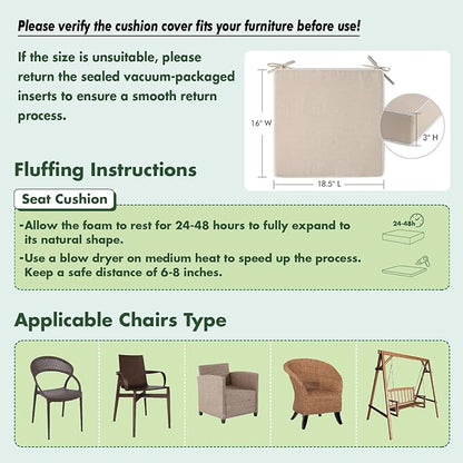 MIULEE Beige Outdoor Chair Cushions Set of 2, 18.5x16x3 Inch Waterproof Patio Seat Cushions for Outdoor Furniture Couch Sofa, 3 Year Color Fastness High Density Foam with Adjustable Ties