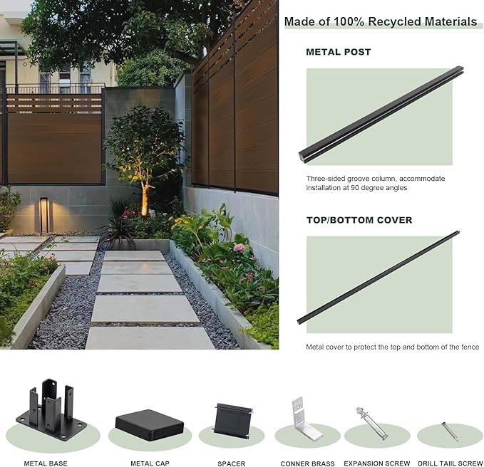 Mondaria Semi-Closed Privacy Fence Panels with 1 Post for Outside, 6ft(W) x 6ft(H), Wind Resistant Wood Plastic Composite Fencing Panels for Patio, Backyard, Garden and Pool, Brown