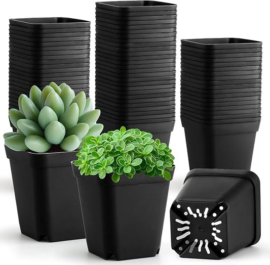 100 Pack Plant Nursery Pots 3.15 Inch, Durable Square Seedling Pots with Drainage Holes, Reusable Small Plastic Flower Pots for Seed Starting, Transplanting, Herb Garden