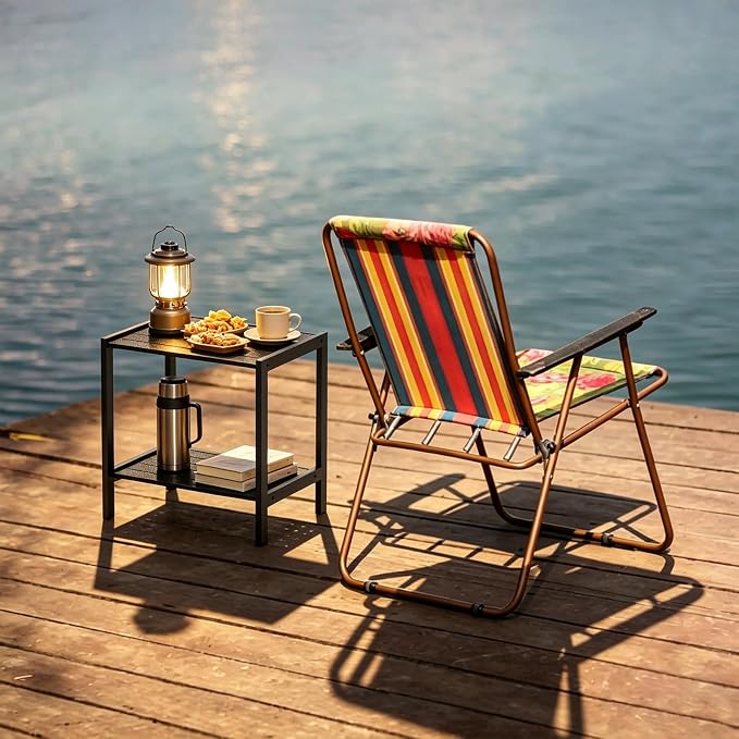 Outdoor Side Table 2 Tier Small Patio End Table with Metal Frame, Weather Resistant Square Porch Coffee Table for Patio, Deck, Garden, Backyard and Balcony, Indoor Outdoor Use, Black
