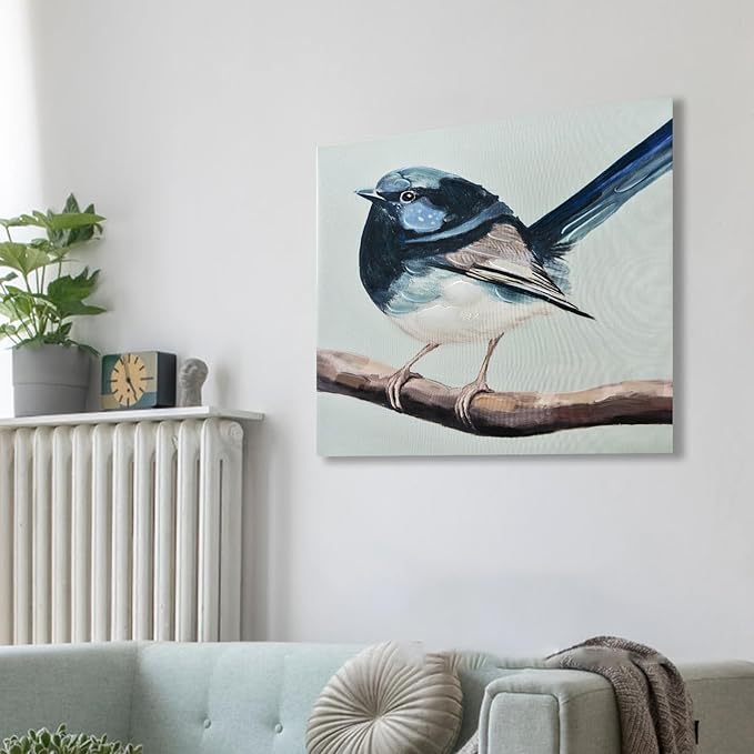 JolyWell Hand-Painted Bathroom bird wall artt, Sparrow canvas Wall Picture,3D Effect Nature Poster painting Bluebird Artwork on Canvas for Kids Room Living Room Bedroom or Gift 16x16 in