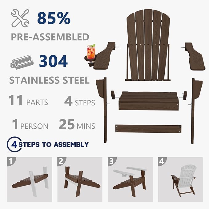 Plawdlik Folding Adirondack Chair Set of 4, Cup Holder，Wooden Textured ，Heavy All-Weather HDPE Comfortable Set Poolside Backyard Lawn Coffee