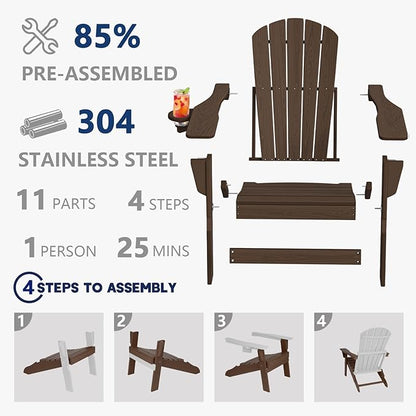 Plawdlik Folding Adirondack Chair Set of 4, Cup Holder，Wooden Textured ，Heavy All-Weather HDPE Comfortable Set Poolside Backyard Lawn Coffee