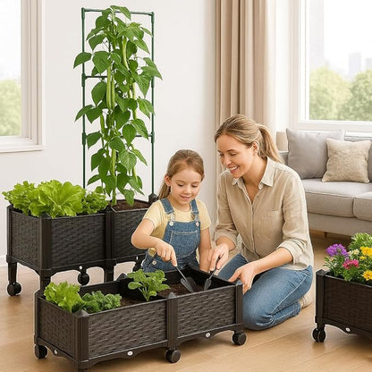 Sherbo Raised Garden Bed Planter Box on Wheels with Trellis, Rattan Style Raised Planter for Outdoor Plants, Compact Mobile Planter Box for Patio or Balcony