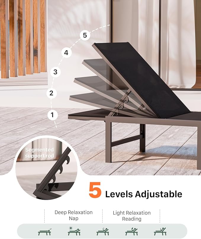 Chaise Lounge Chair Outdoor,Aluminum Patio Lounge Chairs,Lounge Chairs with 5 Adjustable Backrest and Headrest Pillows for Outside Beach,Black