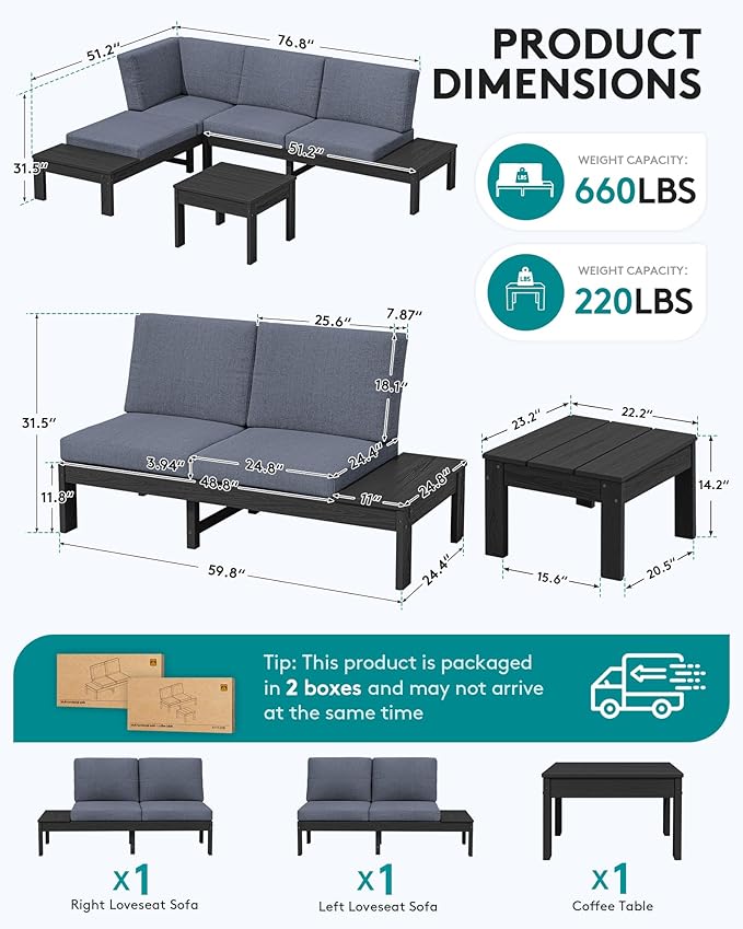 SERWALL HDPE Patio Furniture Set with 15FT Double Side Patio Umbrella, Outdoor Sofa Set, Seats 4, Modular Sectional Couch for Patio, Garden, Backyard, Black Frame with Grey Cushion