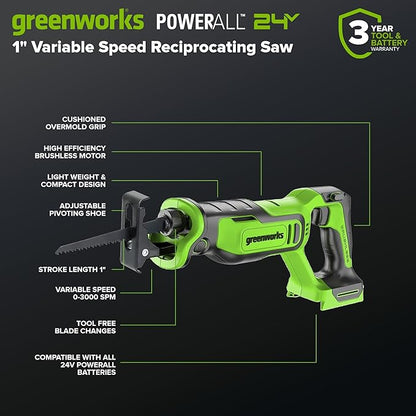 GREENWORKS 24V (6-TOOL) Combo (Drill, Impact Driver, Circular Saw, Reciprocating Saw, Multi-Tool, Flashlight), 4.0Ah + 2.0Ah (24,000mAh Power Bank) Batteries, (2) Cables, 65W Rapid Charger