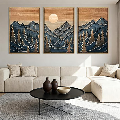Anyzal Large Mountain Forest Wall Art Decor Framed Vintage Artwork Mid Century Modern Art Print for Living Room Bedroom Office 16x24 Inch Set of 3