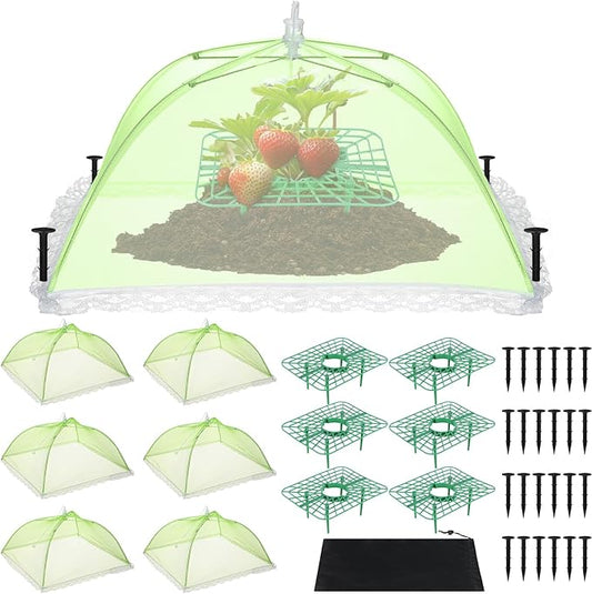 FoldTier 6 Sets Strawberry Supports with Plant Protectors from Animals, Strawberry Growing Racks and Mesh Plant Cover with Plastic Lawn Stakes and Storage Bag for Strawberry Vegetables (Light Green)