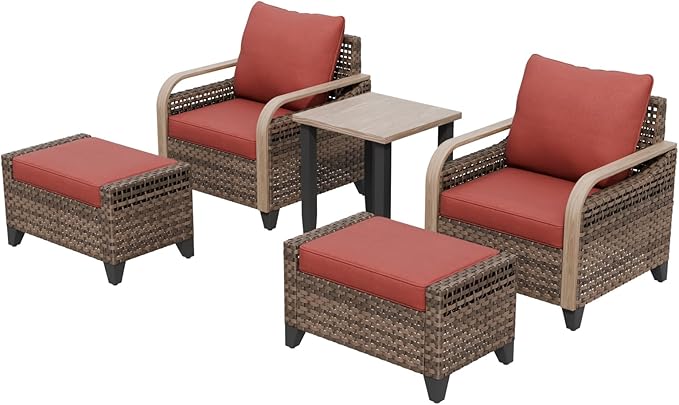 Modern Wicker Bistro Table and Chairs Set, Rattan Outdoor Bistro Set with Patio Chairs, Ottomans & Table, 5 Pieces, Brown/Red