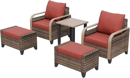 Modern Wicker Bistro Table and Chairs Set, Rattan Outdoor Bistro Set with Patio Chairs, Ottomans & Table, 5 Pieces, Brown/Red