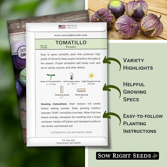 Sow Right Seeds - Purple Tomatillo Seeds for Planting - Non-GMO Heirloom Packet with Instructions to Plant an Outdoor Home Vegetable Garden - Mexican Husk Tomato - Ground Cherries Great for Salsa (3)