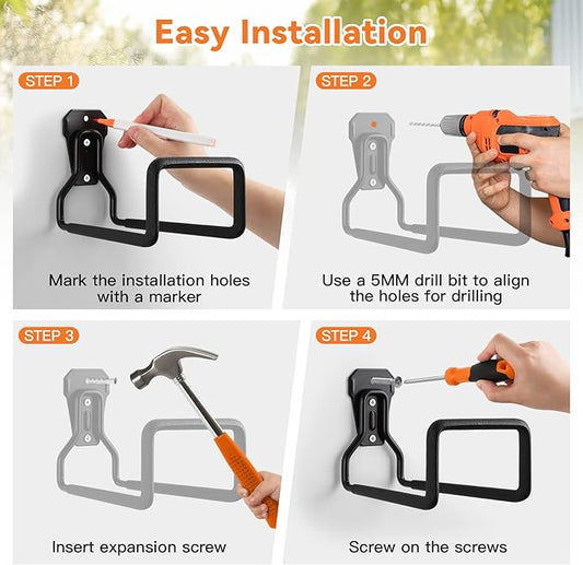 Hose Holder Stand Wall Mount, 4Pcs Heavy Duty Garden Hose Hanger Reel, Metal Water Pipe Tube Hooks Rack for Outside Yard, Garage, Storage Organizer - Black