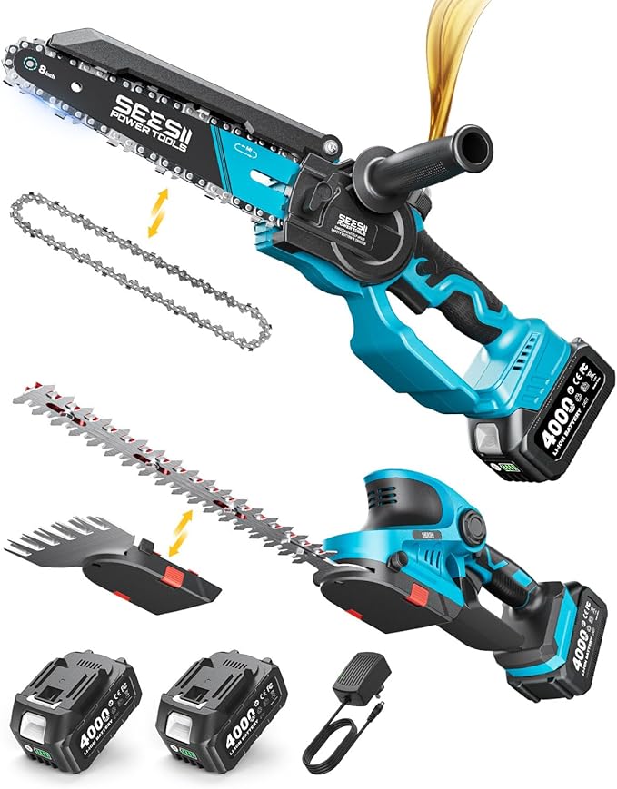 SEESII 3 in 1 Cordless Mini Chainsaw & Hedge Trimmer Combo, 8 Inch Battery Powered Chainsaw with Grass Shear, 800W Brushless Motor, 2x 4000mAh Batteries, Ergonomic Yard Garden Tool Set for Trimming