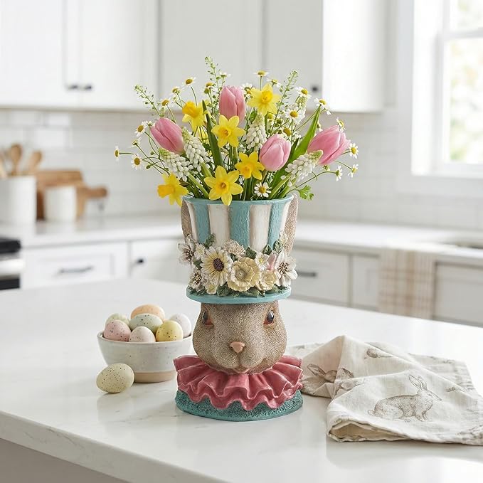 Easter Bunny Vase for Flowers, 11.2"H Resin Blue Cute Decorative Rabbit Head Statue Table Centerpiece Mantel Desk Top Home Decorations Indoor, Spring Planters for Outdoor Plants, Garden Decor