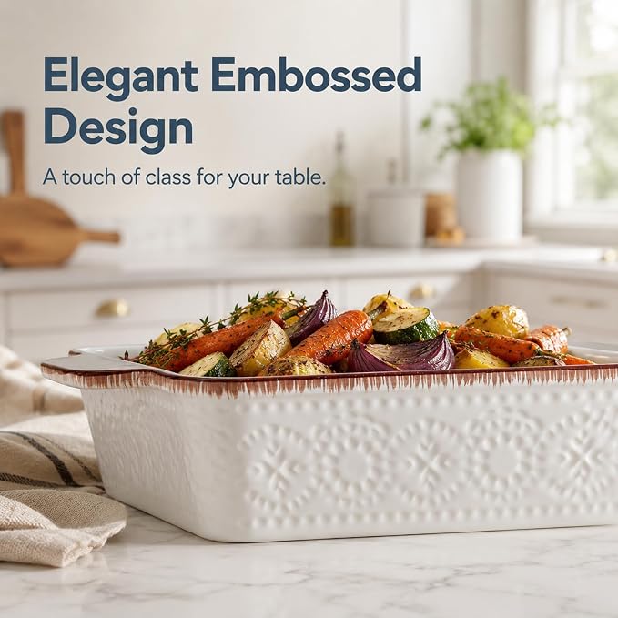 ONEMORE Casserole Dishes for Oven, Ceramic Baking Dish Set of 4, Non-Stick Lasagna Pans with Handles, Rectangular Bakeware Set for Cake, Roasting, Broiling, Gratin, Banquet, Microwave & Dishwasher Safe(3.8/2.6/1.7/1.1 Qt) (White 01)