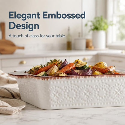 ONEMORE Casserole Dishes for Oven, Ceramic Baking Dish Set of 4, Non-Stick Lasagna Pans with Handles, Rectangular Bakeware Set for Cake, Roasting, Broiling, Gratin, Banquet, Microwave & Dishwasher Safe(3.8/2.6/1.7/1.1 Qt) (White 01)