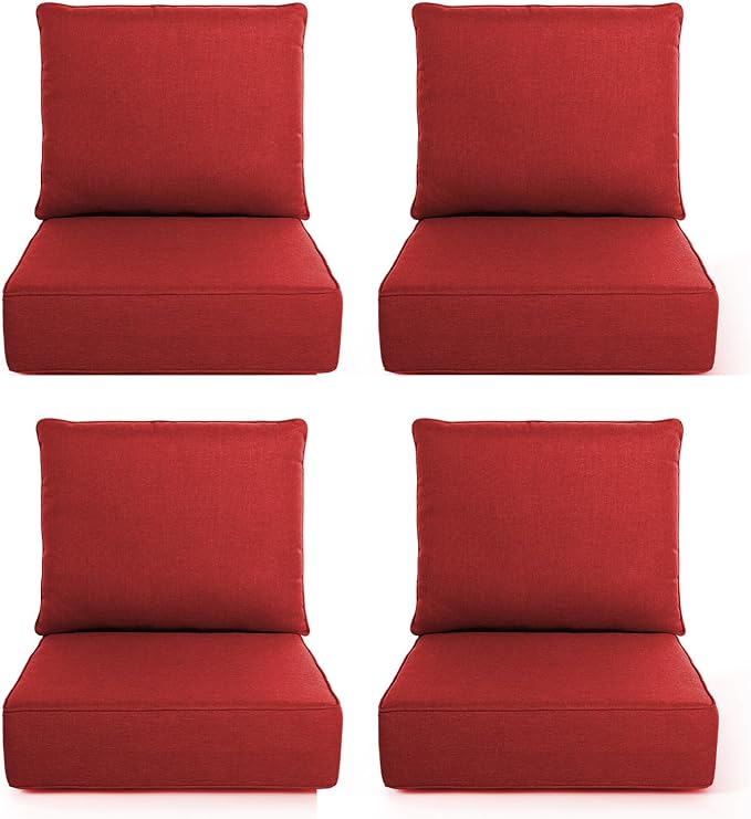 Outdoor Chair Cushions, 6 Inch Thick Patio Seat & Back Cushions Set with Removable Cover, Waterproof Patio Cushions for Outdoor Furniture, 24 x 24 Inch, Red 4-Set