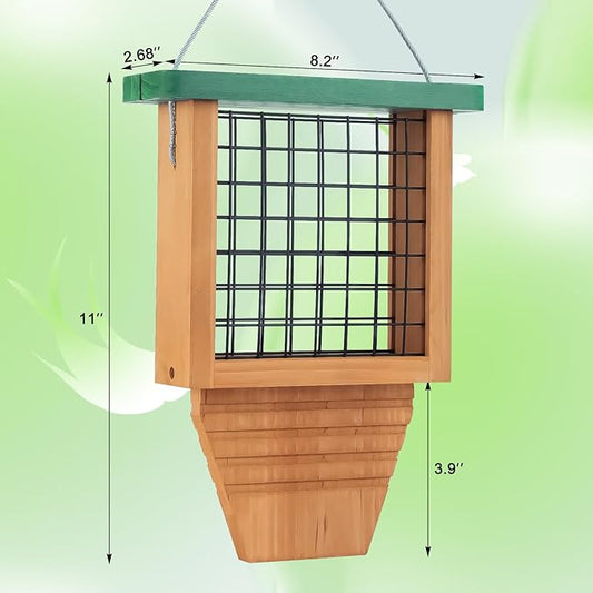 Wooden Suet Bird Feeder for Outside Hanging, Woodpecker Suet Feeder with Tail Prop, Hanging Bird Feeder for Wild Birds, 1 Pack, Green