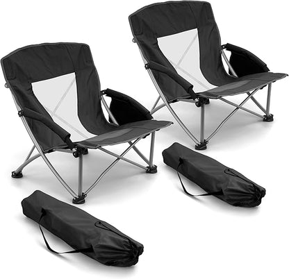 HaSteeL Low Beach Chairs for Adults, Lightweight Camping Folding Chair with Carrying Bag, Portable for Outdoors Lawn Backyard Patio RV Trip Fishing Sport Tailgating, Support 300LBS, Black, 2 Pack