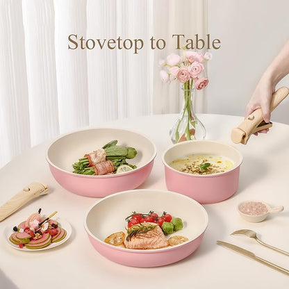 CAROTE 19pcs Pots and Pans Set Non Stick, Cookware Set Detachable Handle | Induction Compatible, Dishwasher & Oven Safe, Space Saving, Camping Cooking Set, Kitchen Set, Pink