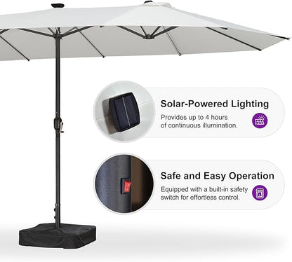 PURPLE LEAF 15ft Patio Market Umbrella with Solar LED and Base Double-Sided Rectangle Outdoor Table Sun Umbrellas with Crank for Pool Beach Deck Backyard Cream