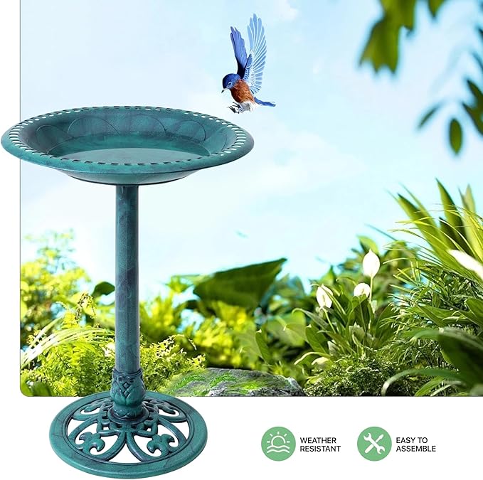VECELO 28" Pedestal Outdoor Bird Bath for Outside, Vintage Bronze Polyresin Lightweight Antique, Yard/Garden Decoration, Green