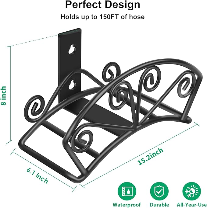 TomCare Garden Hose Holder Heavy Duty Water Hose Holder Holds 150 FT Hoses Solid Metal Hoses Hanger Wall Mount Decorative Durable Garden Hoses Storage Hose Reel Hose Organizer for Outside Yard, Black