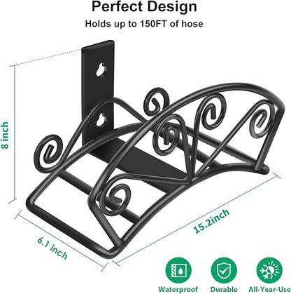 TomCare Garden Hose Holder Heavy Duty Water Hose Holder Holds 150 FT Hoses Solid Metal Hoses Hanger Wall Mount Decorative Durable Garden Hoses Storage Hose Reel Hose Organizer for Outside Yard, Black