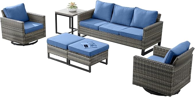 Wicker Outdoor Patio Furniture Set - 6 Piece Patio Conversation Set with 2 Swivel Rocker Chairs,2 Rattan Ottoman,1 Couch and 1 Metal Side Table for Outside Porch Deck Backyard(Mixed Grey/Blue)