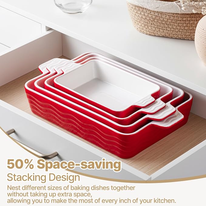 Estmoon Ceramic Baking Dishes Set of 4, Porcelain Baking Pans Set for Oven, Oven Safe and Durable Bakeware Sets Rectangular Ceramic Cookware Set with Handles for Wedding Gift,Red(7.5''/9"/10.6"/12")