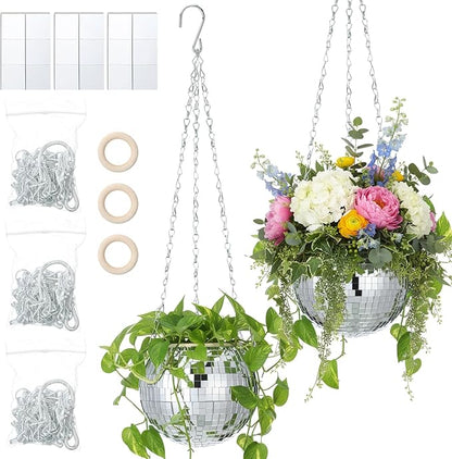 Novabright 2 Pcs 6" Self Watering Disco Ball Planters, Mirror Disco Ball Hanging Planter Flower Pots with Chain and Rope, Self Watering Insert, Wooden Hook for Stand for Desk and Extra Mirror Pieces