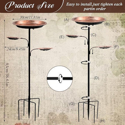 Metal Bird Bath for Outdoors,12 Inch Bath Bowl with 2 Bird Feeders,All Metal Rustproof Standing Birdbaths for Garden Yard Lawn Patio Outdoor Decor,Upgraded 5-Pronged Base (Antique Bronze)