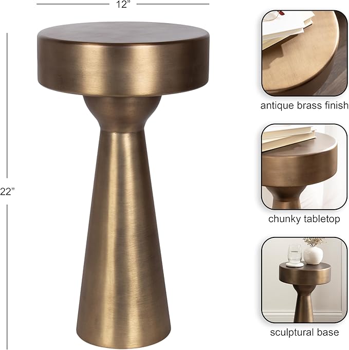 Kate and Laurel Solbrett Modern Sophisticated Metal Side Table, 12 x 12 x 22, Antique Brass, Contemporary Pedestal End Table with Unique Sculptural Design for Use as Bedroom Nightstand
