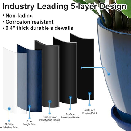 GameXcel Flower Pot Indoor - Outdoor Plant Pot - Navy Blue Glossy Planter - Elegant Ceramics Imitation - 12" Diameter 12" Tall with Drainage Holes and Saucer 2 Pack