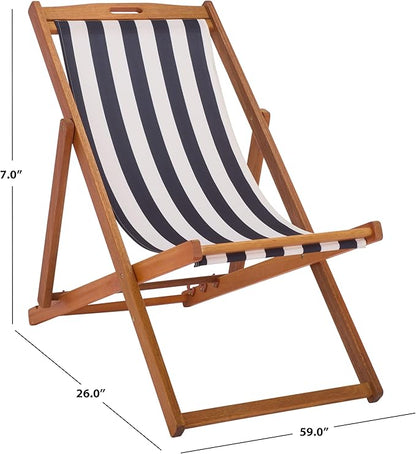 SAFAVIEH Outdoor Patio Furniture Collection – Loren Solid Eucalyptus Wood Folding Sling Chair Set of 2 with Navy & White Striped Fabric Seat, Coastal Style (PAT7040F-SET2)
