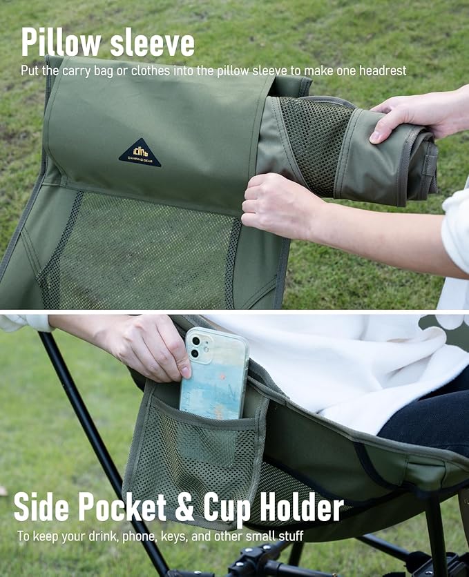 iClimb Ultralight Compact Camping Folding Beach Chair with Anti-Sinking Large Feet (Green - Triangular Frame High Back)