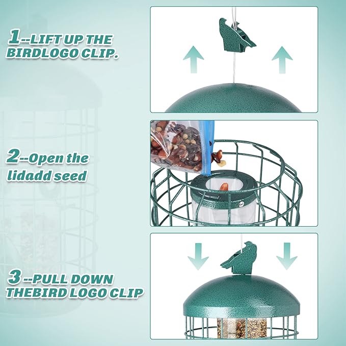 Yinns Caged Bird Feeder for Outside, Large Squirrel Proof Metal Bird Feeders 3 Lbs, Wild Bird Feeder Hanging Outdoors Tube Feeders with 4-Ports, Waterproof (Green)