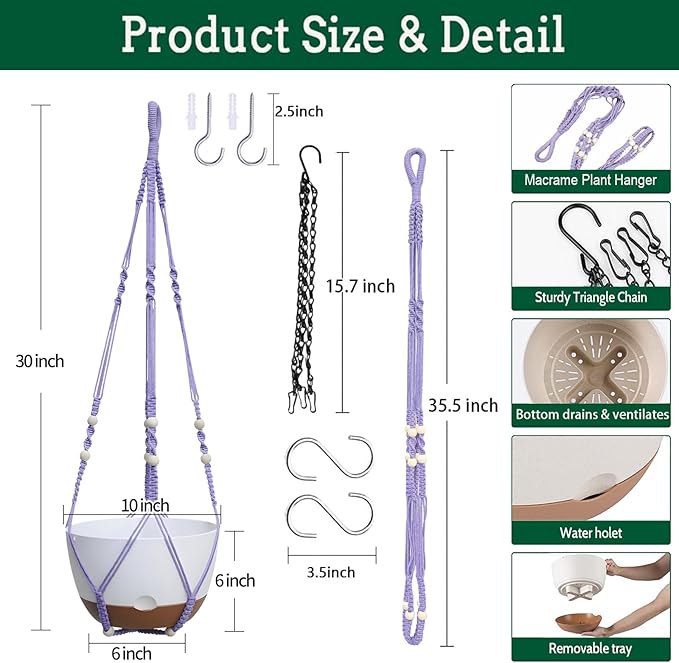 2 Pack Hanging Planters Set,10 Inch Indoor Outdoor Hanging Plant Pot Basket,Hanging Flower Pot with Drainage Hole with 3 Hooks for Garden Home(Purple Hanger White Planters)