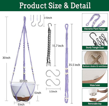 2 Pack Hanging Planters Set,10 Inch Indoor Outdoor Hanging Plant Pot Basket,Hanging Flower Pot with Drainage Hole with 3 Hooks for Garden Home(Purple Hanger White Planters)