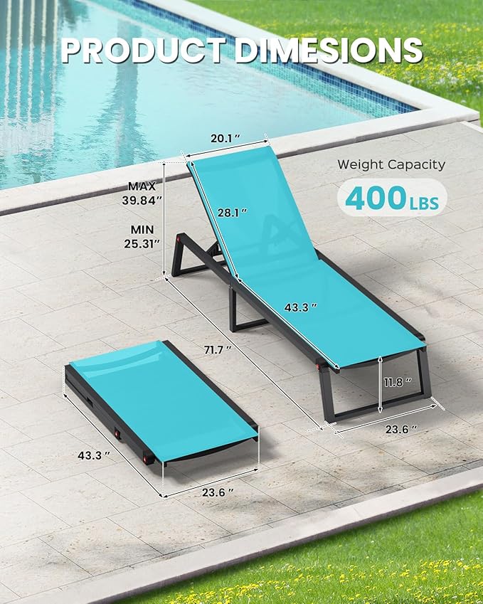 Aluminum Chaise Lounge Chair Outdoor, Foldable& No Assembly Patio Pool Lounge Chairs 5-Position Recliner for Outside, Fully Grounded Legs Sun Lounger for Poolside, 4 Packs Lake Blue