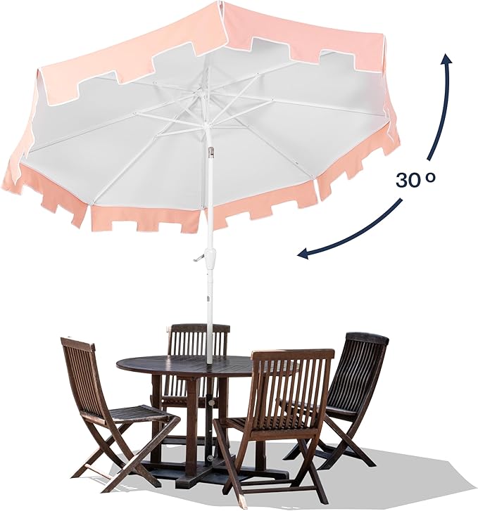 JONATHAN Y UMB1000C Baiona 9 ft. Classic MidCentury Market Patio Umbrella with UV Protection, Auto-Tilt, Crank and Wind Vent in White/Coral Pink