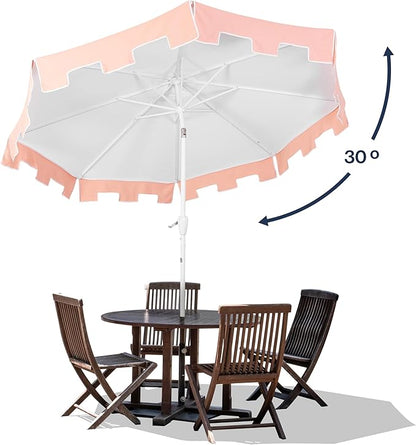 JONATHAN Y UMB1000C Baiona 9 ft. Classic MidCentury Market Patio Umbrella with UV Protection, Auto-Tilt, Crank and Wind Vent in White/Coral Pink