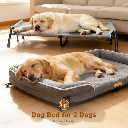 Lekereise Raised Outdoor Large Dog Bed Cot + Orthopedic Indoor Dog Sofa Bed, 2-in-1 Design,43 x 32 Inch Cooling Elevated Puppy Bed with Egg-Crate Orthopedic Foam Load 110lbs