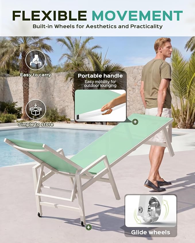 Vexwalx Patio Chaise Lounge Chair Outdoor with Wheels&Armrests, Aluminum Pool Lounge Chairs 5-Position Adjustable Recliner, Outdoor Beach Lounge Chairs for Outside, Patio, Deck, Yard, Light Green