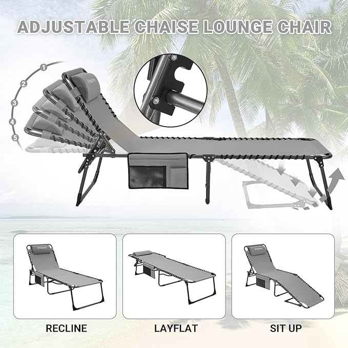 KingCamp Lounge Chair Outdoor, Folding Portable Tanning Chairs Comfy Adjustable 5-Position Lay Flat Foldable Chaise Chaser Lounger with Pillow for Outside Beach Patio Sun Bathing Pool Backyard, Grey