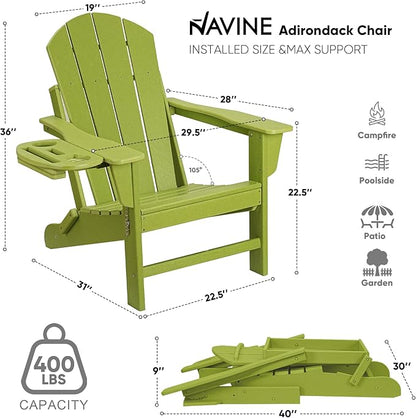 Adirondack Chair Set of 2, HDPE Folding Adirondack Chair with Multifunctional Cup Holder, Weather Resistant Fire Pit Chair for porches, patios, patios, poolsides, Decks.