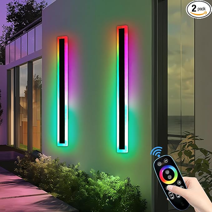 2 Pack Modern Outdoor Wall Light, 39.3inch RGB LED Wall Sconce, IP65 Waterproof, Multi-Color Dimmable Light Fixture, Wall Mounted Lamps for Porch, Patio, Garage, House, with Remote Control