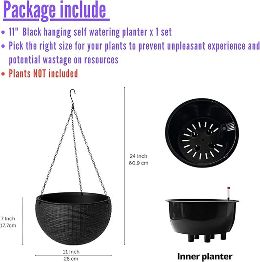 LaLaGreen Indoor Hanging Planter (11 Inch, 1 Pack) Self-Watering Round Basket with Water Level Indicator, Rattan Style Flower Pot Black Metal Chain for Deck Porch Patio Garden Balcony Outdoor Decor